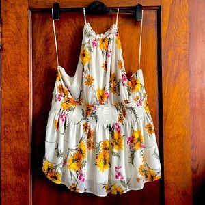 Floral High Neck Chiffon Top with Split Back. Size XL.